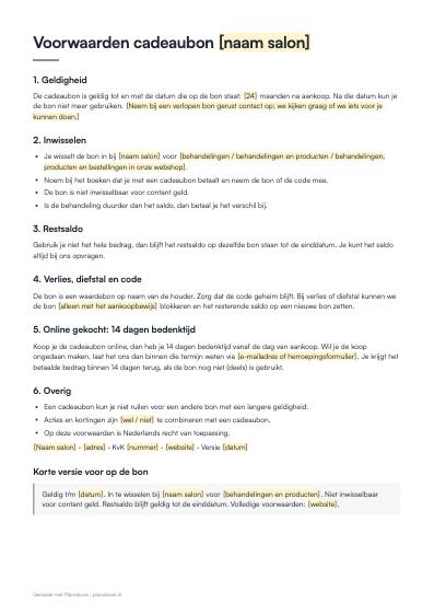 Voorbeeld: cadeaubon-voorwaarden