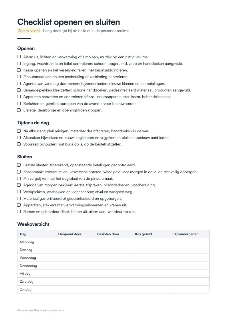 Voorbeeld van de eerste pagina: checklist openen en sluiten