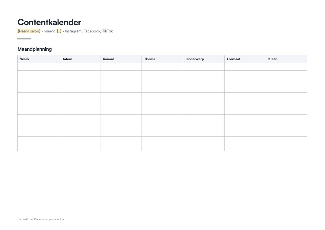 Voorbeeld van de eerste pagina: contentkalender social media