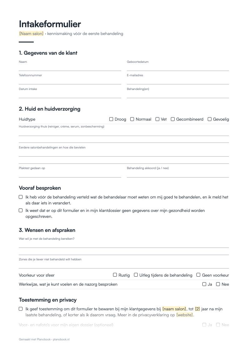 Voorbeeld van de eerste pagina: intakeformulier schoonheidssalon