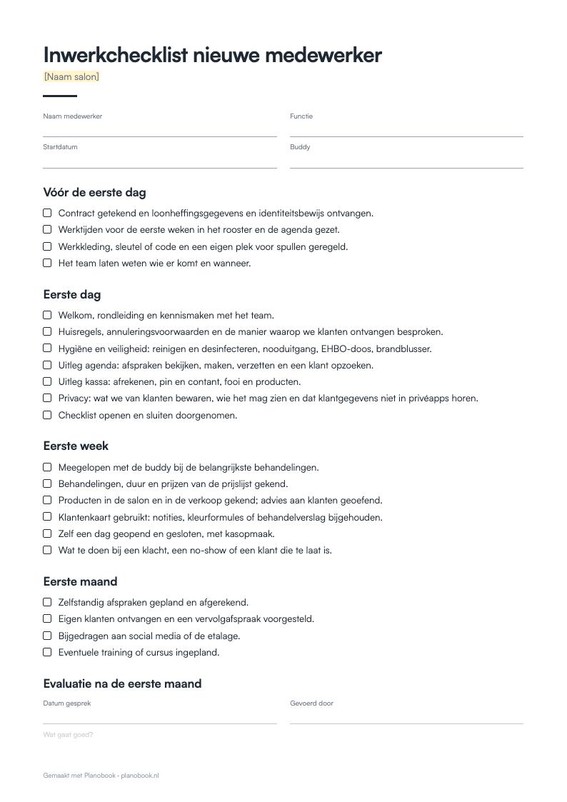 Voorbeeld van de eerste pagina: inwerkchecklist medewerker