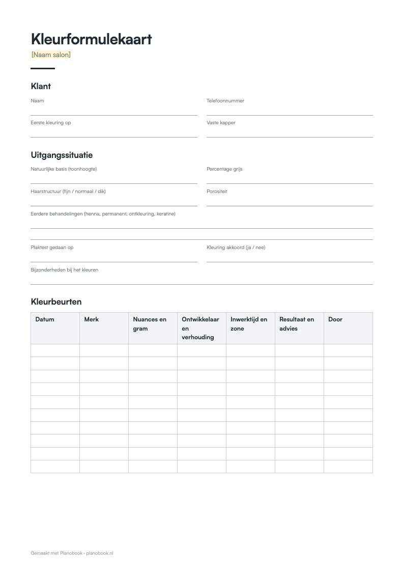Voorbeeld van de eerste pagina: kleurformulekaart