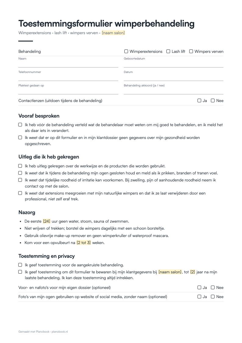 Voorbeeld van de eerste pagina: toestemmingsformulier wimpers