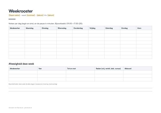 Voorbeeld: werkrooster (week)