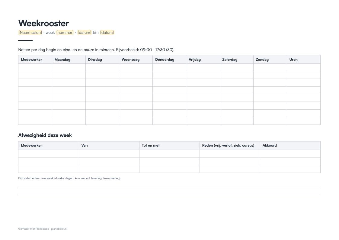 Voorbeeld van de eerste pagina: werkrooster (week)