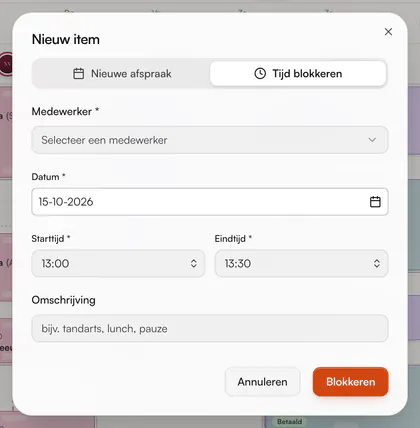 Venster Nieuw item, tabblad Tijd blokkeren: Medewerker, Datum, Starttijd, Eindtijd en Omschrijving