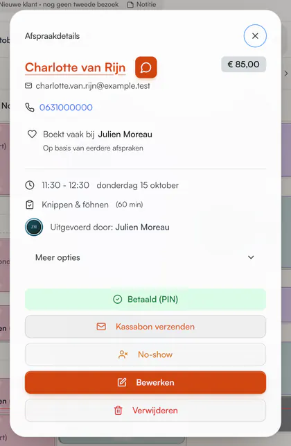 Afspraakdetails met klant, telefoon, tijd en dienst en de knoppen Kassabon verzenden, No-show, Bewerken en Verwijderen