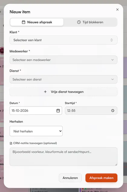 Venster Nieuw item, tabblad Nieuwe afspraak: Klant, Medewerker, Dienst, Vrije dienst toevoegen, Datum, Starttijd, Herhalen en CRM-notitie