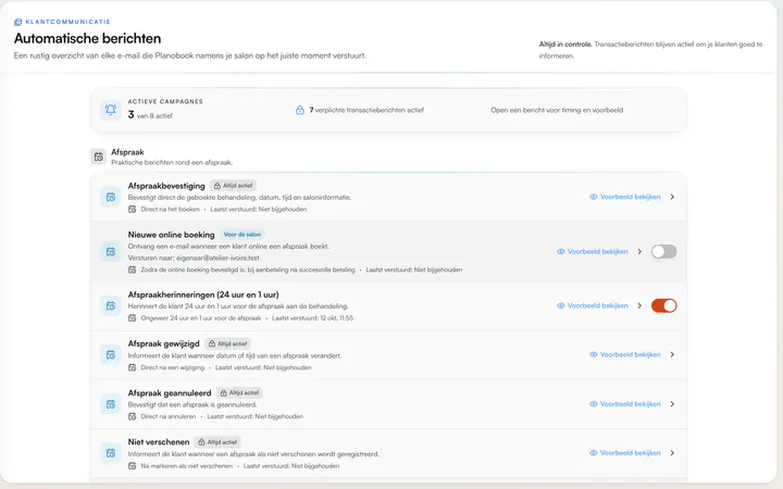 Automatische berichten: afspraakbevestiging, nieuwe online boeking, afspraakherinneringen 24 uur en 1 uur, afspraak gewijzigd, geannuleerd en niet verschenen