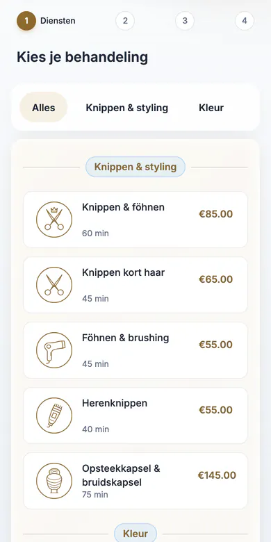 Boekingspagina op de telefoon, stap 1: Kies je behandeling, met prijs en duur