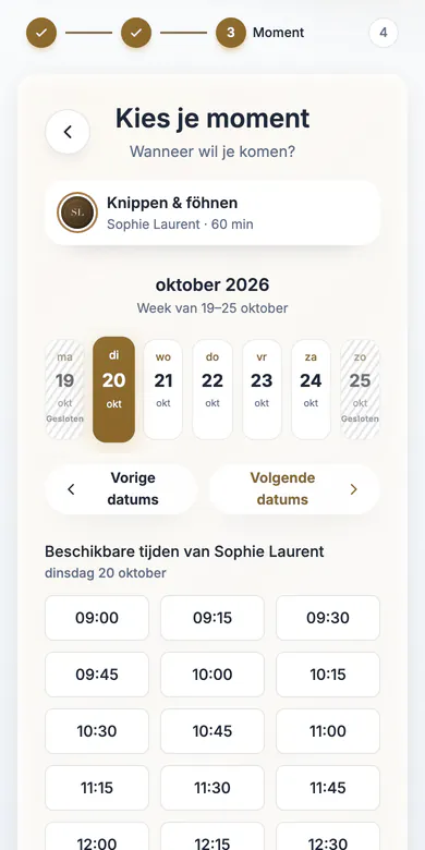 Boekingspagina op de telefoon, stap 3: Kies je moment met datums en beschikbare tijden