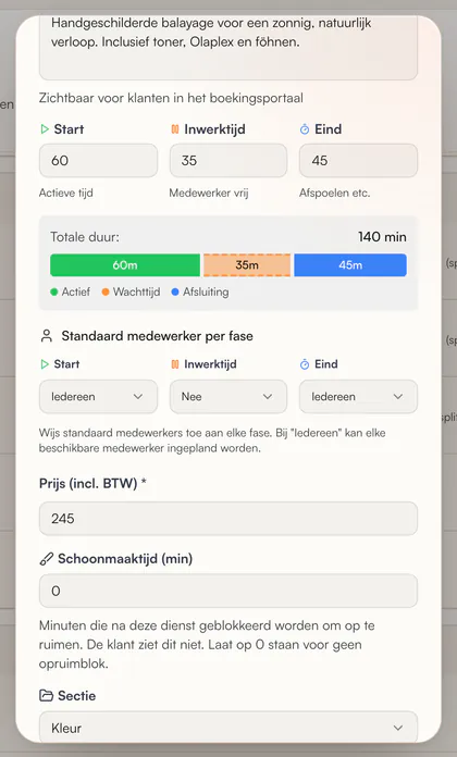 Dienst bewerken: Start, Inwerktijd en Eind apart ingesteld (60, 35 en 45 minuten, totaal 140 minuten), standaard medewerker per fase en Schoonmaaktijd (min)
