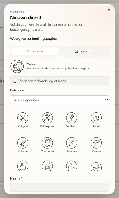 Venster Nieuwe dienst: weergave op de boekingspagina met Kies icoon of Eigen foto, de icoonkeuze en het veld Naam