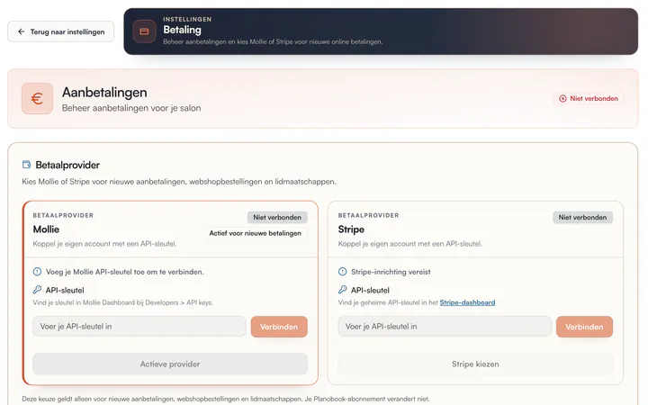 Instellingen › Betaling: Aanbetalingen en de keuze tussen Mollie en Stripe, elk gekoppeld met een eigen API-sleutel