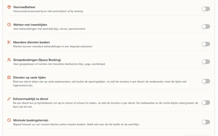 Instellingen › Functies: Voorraadbeheer, Werken met inwerktijden, Meerdere diensten boeken, Diensten op vaste tijden en Schoonmaaktijd na dienst