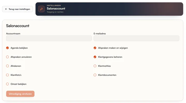 Instellingen › Salonaccount: accountnaam, e-mailadres en rechten zoals Agenda bekijken, Afrekenen en Omzet bekijken