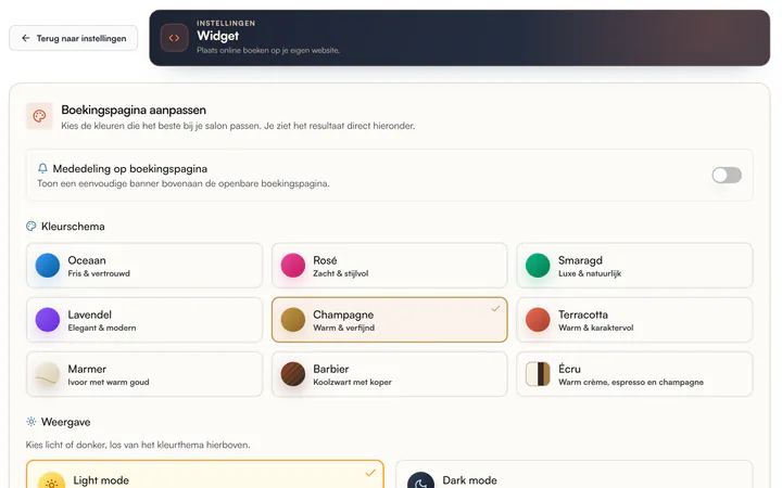 Instellingen › Widget: mededeling op boekingspagina, kleurschema en lichte of donkere weergave