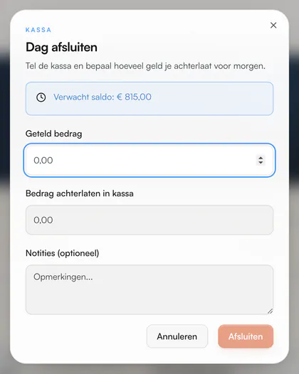Venster Dag afsluiten met verwacht saldo, geteld bedrag, bedrag achterlaten in kassa en notities