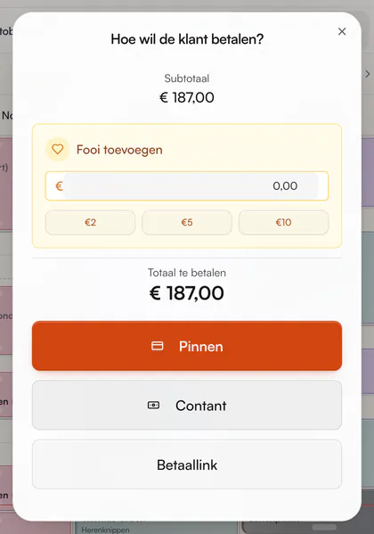 Hoe wil de klant betalen? Fooi toevoegen en de betaalwijzen Pinnen, Contant en Betaallink