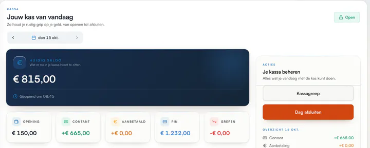 Kassa 'Jouw kas van vandaag' met huidig saldo, opening, contant, aanbetaald, pin en grepen, en de knoppen Kassagreep en Dag afsluiten