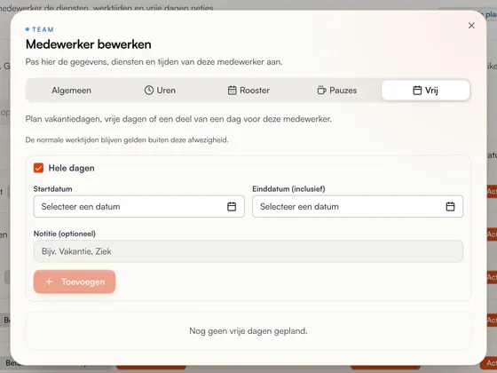 Medewerker bewerken, tabblad Vrij: hele dagen of een deel van een dag vrij plannen, met start- en einddatum en notitie