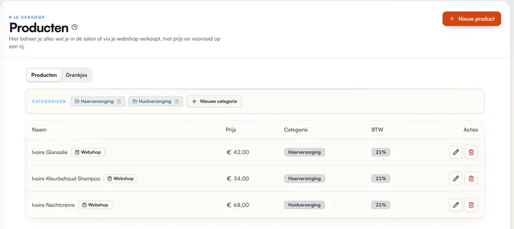 Producten met de tabbladen Producten en Drankjes, categorieën en per product prijs, categorie en btw