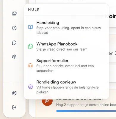 Het menu Hulp in de zijbalk met Handleiding, WhatsApp Planobook, Supportformulier en Rondleiding opnieuw
