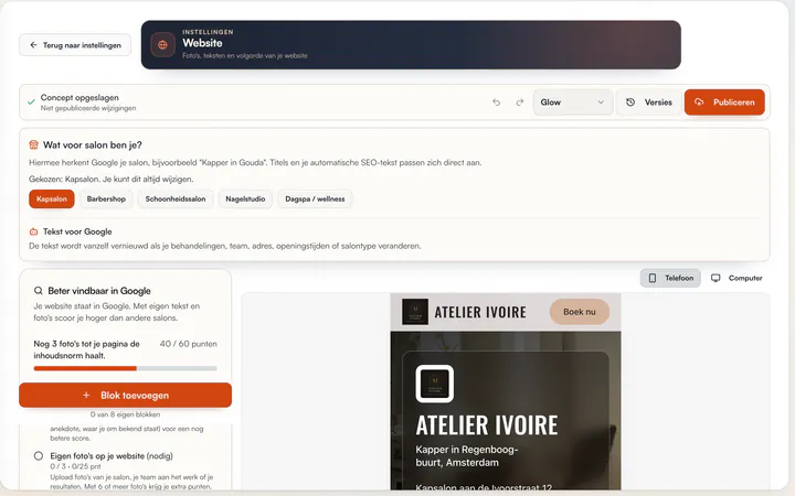 Instellingen › Website: salontype, tekst voor Google, score Beter vindbaar in Google, Blok toevoegen, voorbeeld en de knop Publiceren