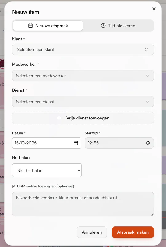 Venster Nieuwe afspraak met medewerker, dienst, datum, starttijd, de keuze Herhalen en een notitie