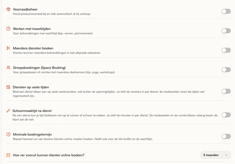Instellingen › Functies in Planobook met schakelaars zoals Meerdere diensten boeken en Schoonmaaktijd na dienst