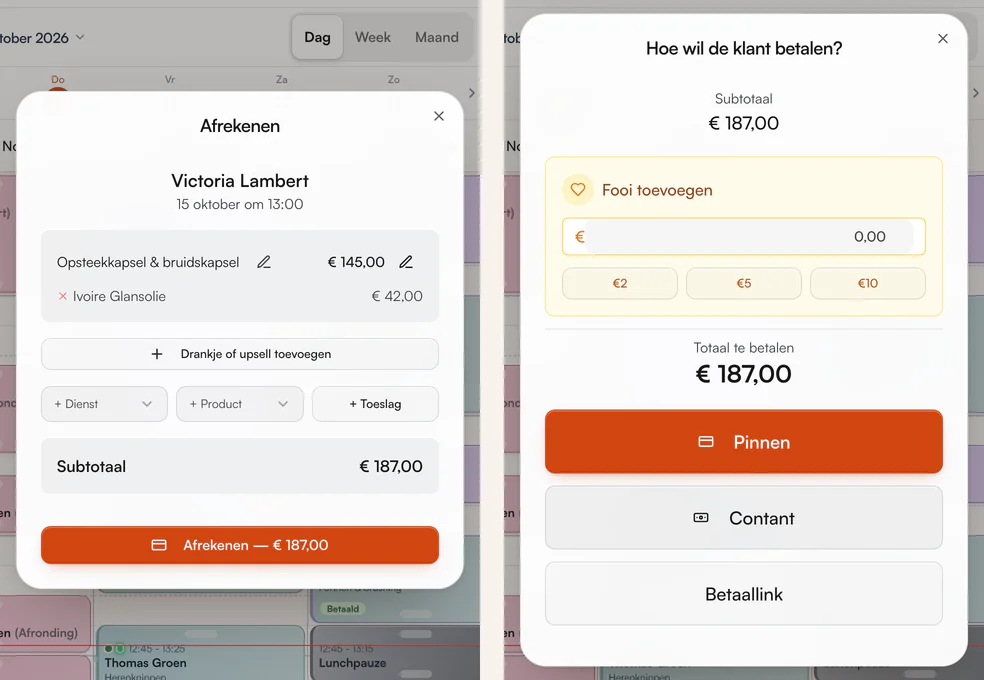 Afrekenscherm met een behandeling en een product, subtotaal, fooi en de betaalwijzen pinnen, contant en betaallink
