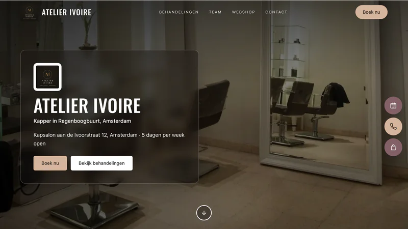 Openbare miniwebsite van demosalon Atelier Ivoire: openingsfoto met logo, menu Behandelingen, Team, Webshop, Contact en de knop Boek nu