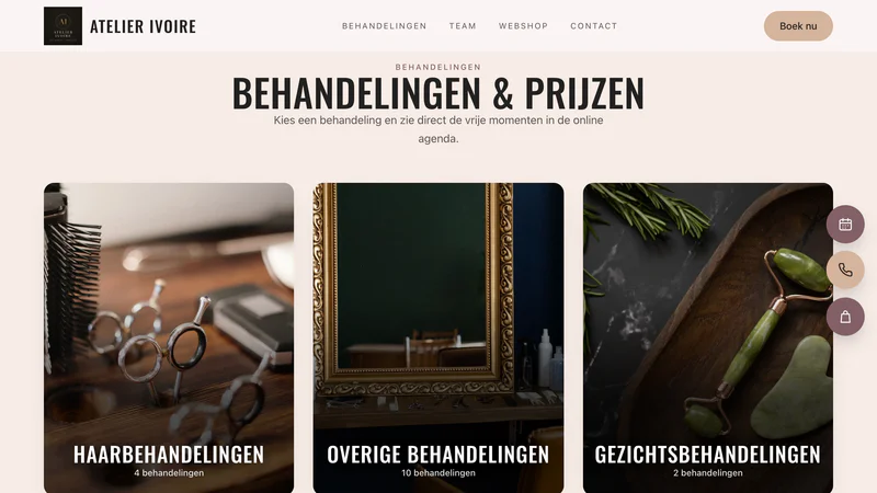 Salonwebsite van demosalon Atelier Ivoire: de sectie Behandelingen & prijzen met grote fototegels voor haarbehandelingen, overige behandelingen en gezichtsbehandelingen, met het aantal behandelingen per groep, en bovenin het menu met de knop Boek nu