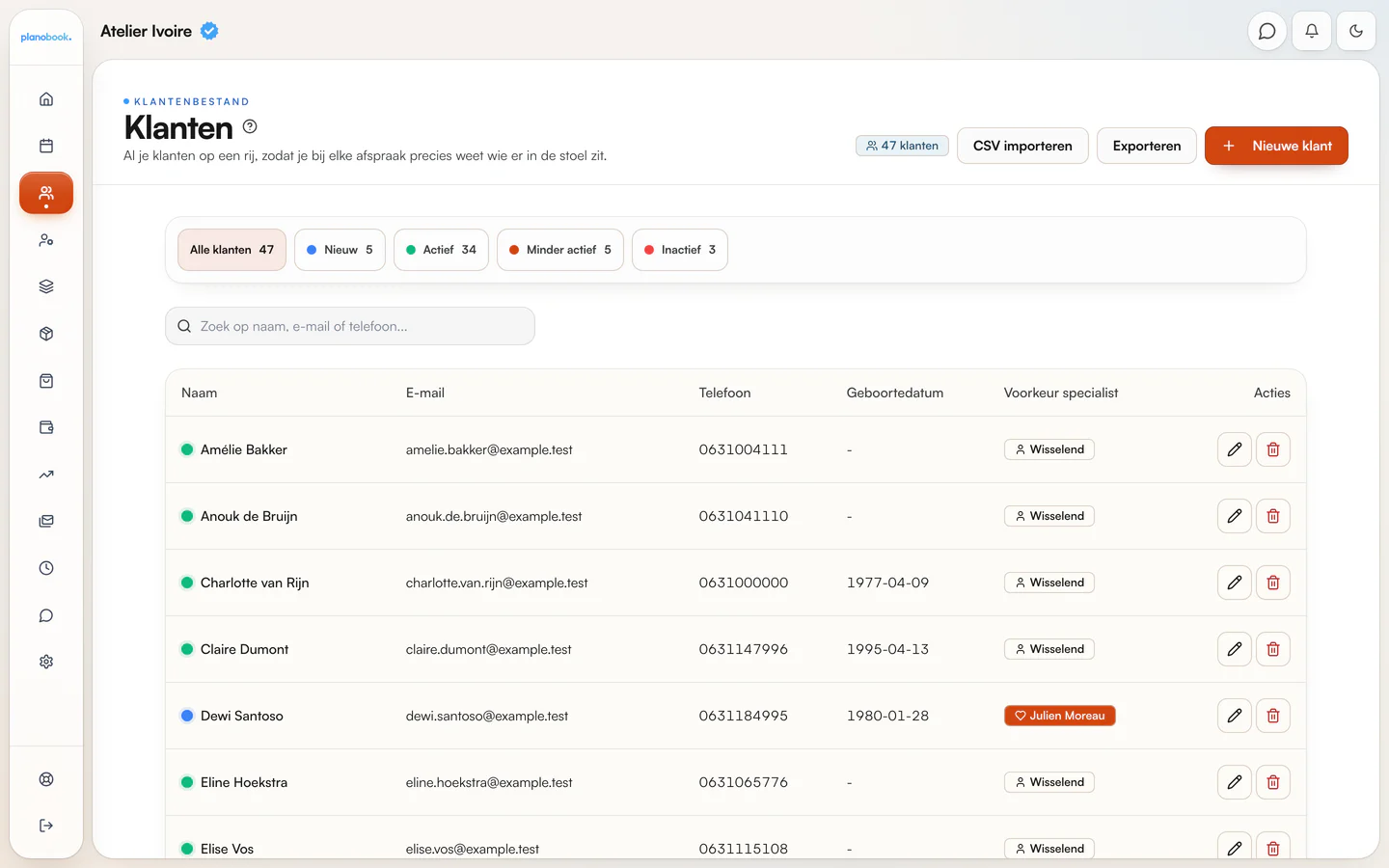 Klantenlijst in Planobook met filters Nieuw, Actief, Minder actief en Inactief, zoekveld, knop CSV importeren en kolommen voor geboortedatum en voorkeur specialist